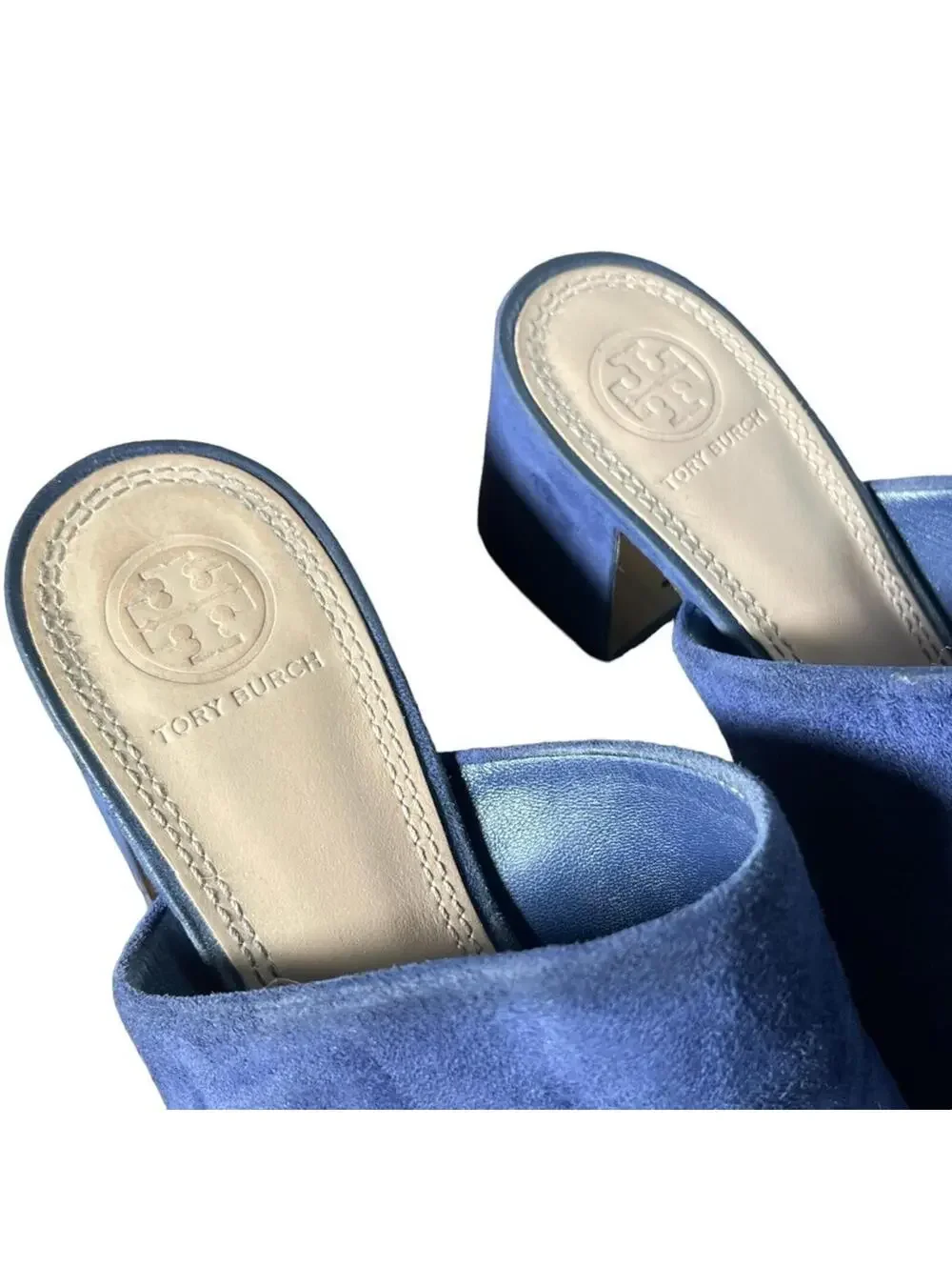 Tory Burch Salinas Navy Blue Suede Block Heel Mules 6.5
